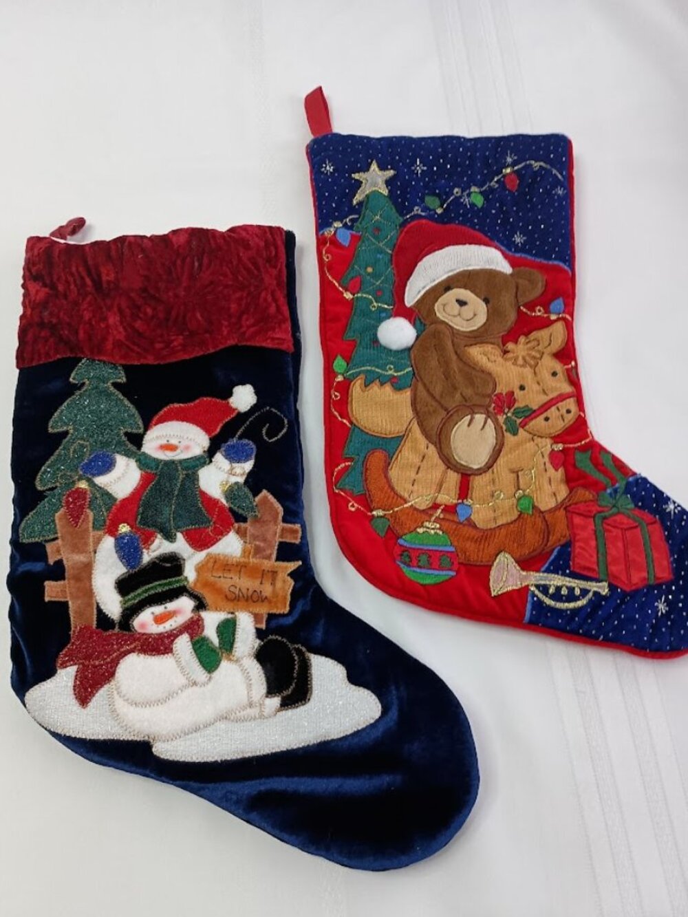 Vintage Christmas Stockings with Snowman and Teddy Bear